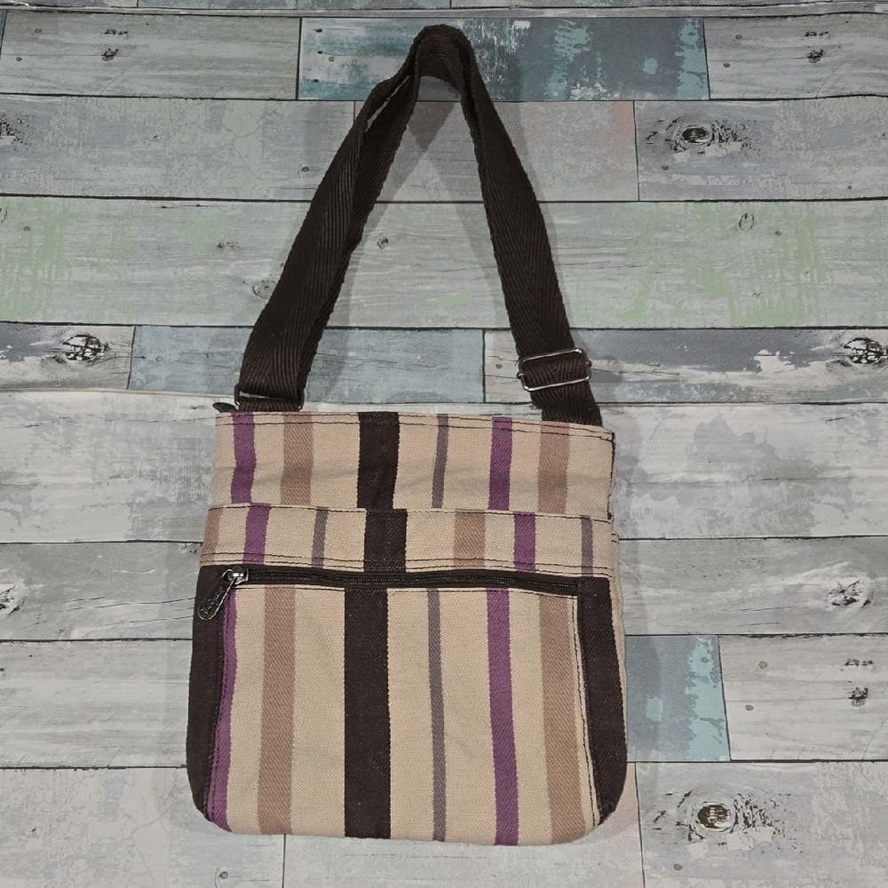 Thirty-One Brown and Purple Canvas Crossbody Purse Bag